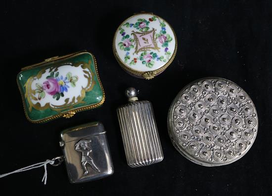 An Australian? silver vesta case decorated with an aboriginal with boomerang inscribed Coo-ee and four other items.